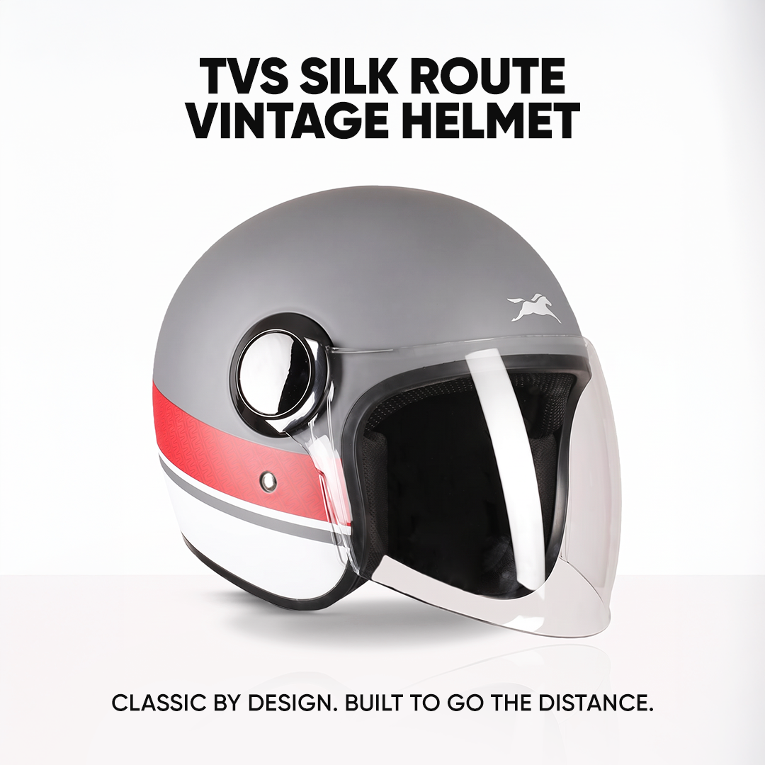 TVS Silk Route Helmet for Men & Women | Vintage Open Face Helmet with Clear Visor | ISI & DOT Certified | ABS Shell | EPS Liner | Retro Stylish Helmet for City & Highway Riding